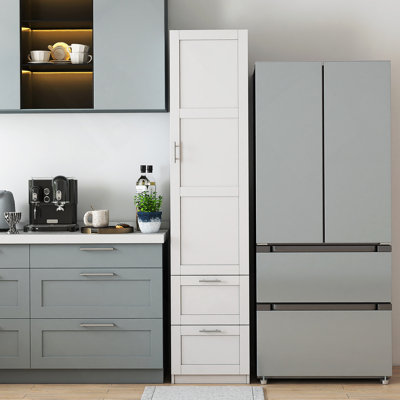 Tall Freestanding Pantry Cabinet With Adjustable Shelves And Drawers For Kitchen, Dining Room, Or Living Space.