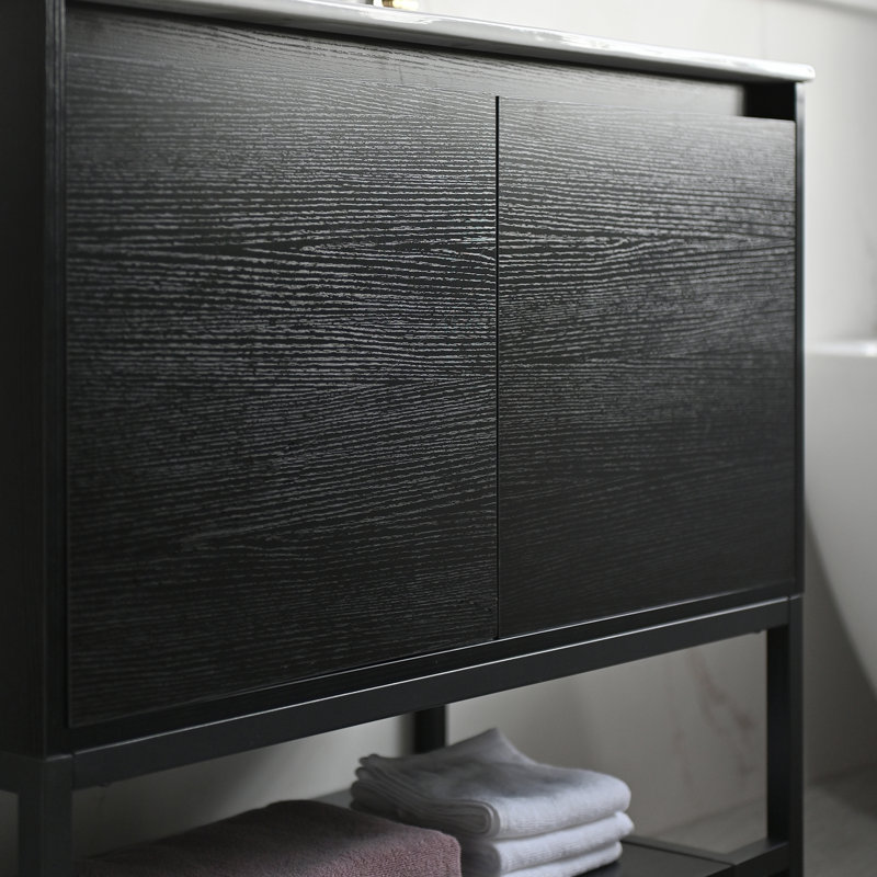 Ensemble de meuble-lavabo simple 36 po avec lavabo, robinet et structure en métal avec tablette ouverte Azai, Noir