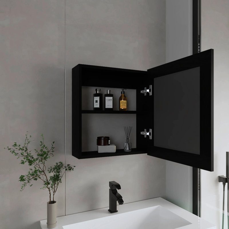 Armoire de rangement de salle de bain noire - 2 tablettes, miroir, fixation murale, moderne, panneau de particules, fixation 18,6 x 5,7 20,5 pouces, look moderne,