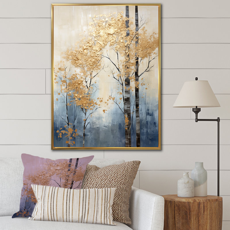 Minimalisme, or et bleu, scène d'arbres II, reproduction d'art sur toile, Cadre flottant doré, H 40 po x l 30 po x P 1,5 po