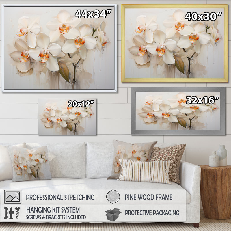 Orchidées beiges tranquillité II sur toile, Cadre flottant blanc, H 24 po x l 32 po x P 1 po