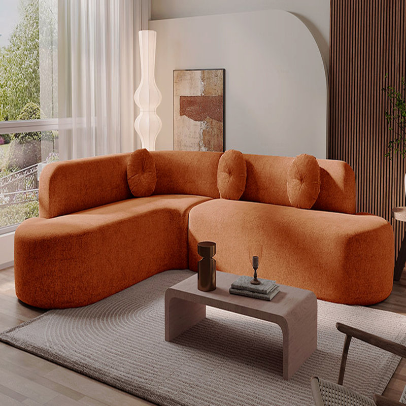 Canapé modulaire Basic, revêtement en tissu doux pour grand canapé, design courbé élégant avec trois coussins ronds