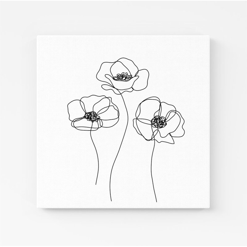 Monochrome Line Poppies - Wrapped Canvas Print, 16cm H x 16cm W x 3.8cm D