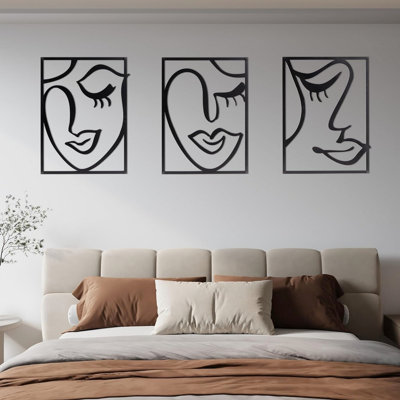 Décoration murale trois pièces en métal noir, dessin abstrait de visage féminin, découpe 3D évidée, trous pré-ajustés pour une touche décorative, cadre rectangulaire en métal, design, ornement