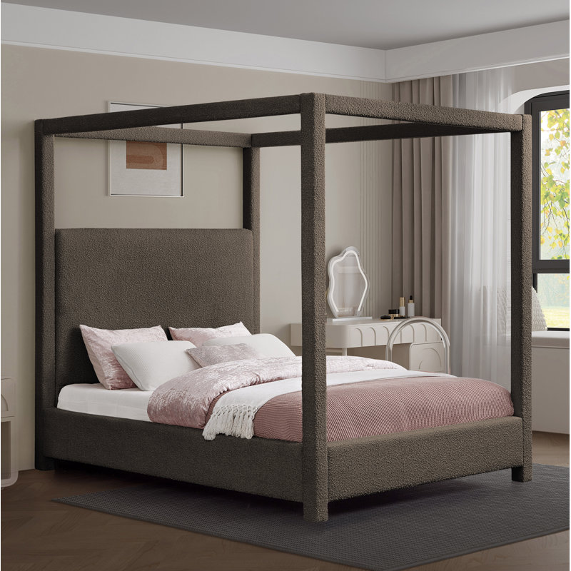 Upholstered Canopy Bed, Queen, Brown Boucle Fabric