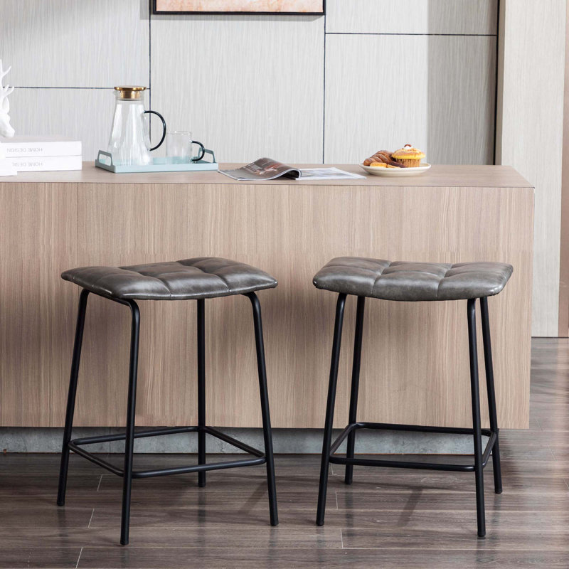 Reza 24" High Leather Tufted Bar Stool, Gray