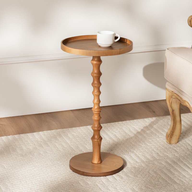 12" Round Pedestal Side Table with Tray-Style Top, Solid Pine Wood End Table, Oak Wood, Oak Wood