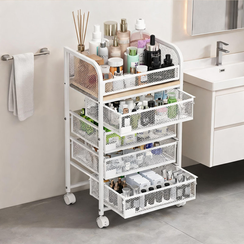 16.3L x 11.4W x 27.5H Inch Rolling Skincare Makeup Organizer Modern MDF and Steel Soft White with Storage Drawers