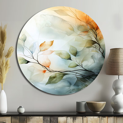 Aquarelle, nature, fleurs de jardin - art floral rond grand abstrait, art mural en métal vert