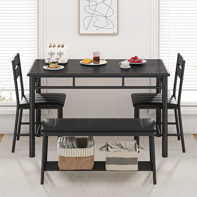 4-Piece Dining Table Set For 4, Kitchen Table With Pu Upholstered Bench and 2 Dining Chairs, Black