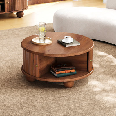 Table basse ronde cannelée avec rangement, bois de pin massif, porte coulissante