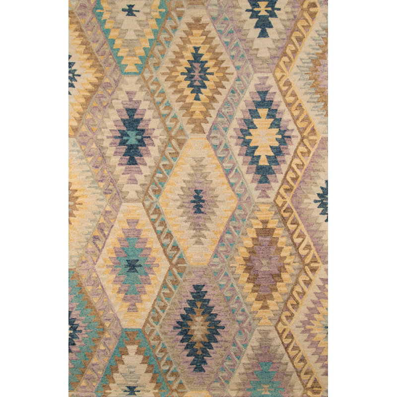 Handmade Southwestern Blue and Beige Wool Rug, 8 ft x 11 ft