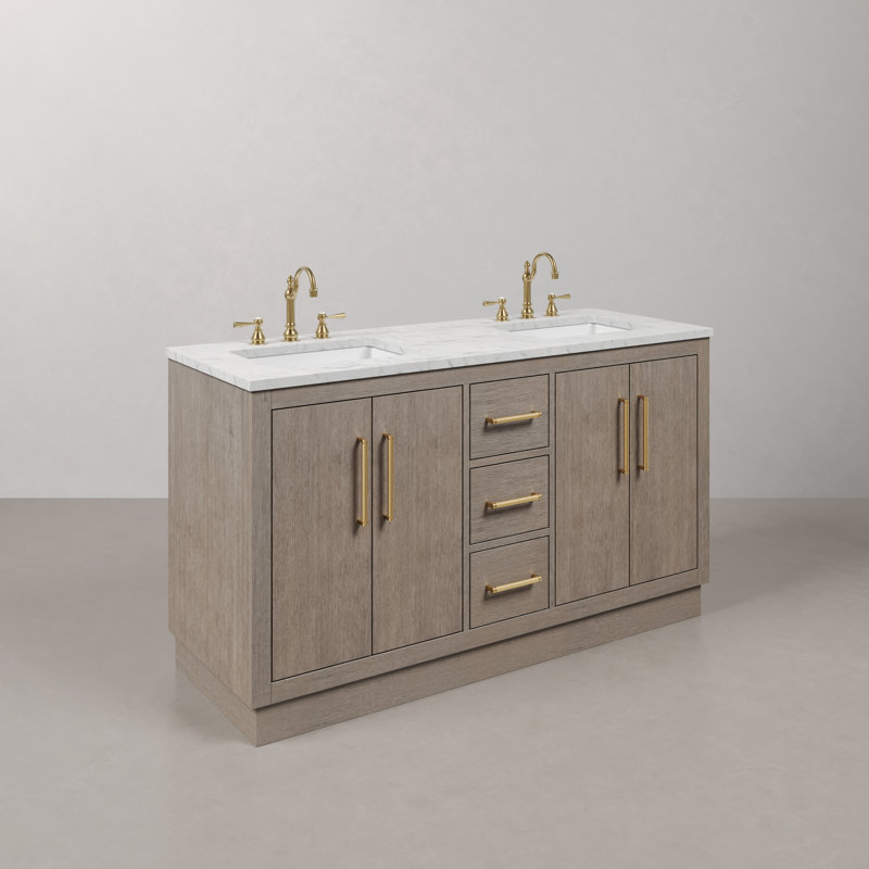 Hugo 60'' Double Bathroom Vanity with Carrara Marble Top, Satin Gold