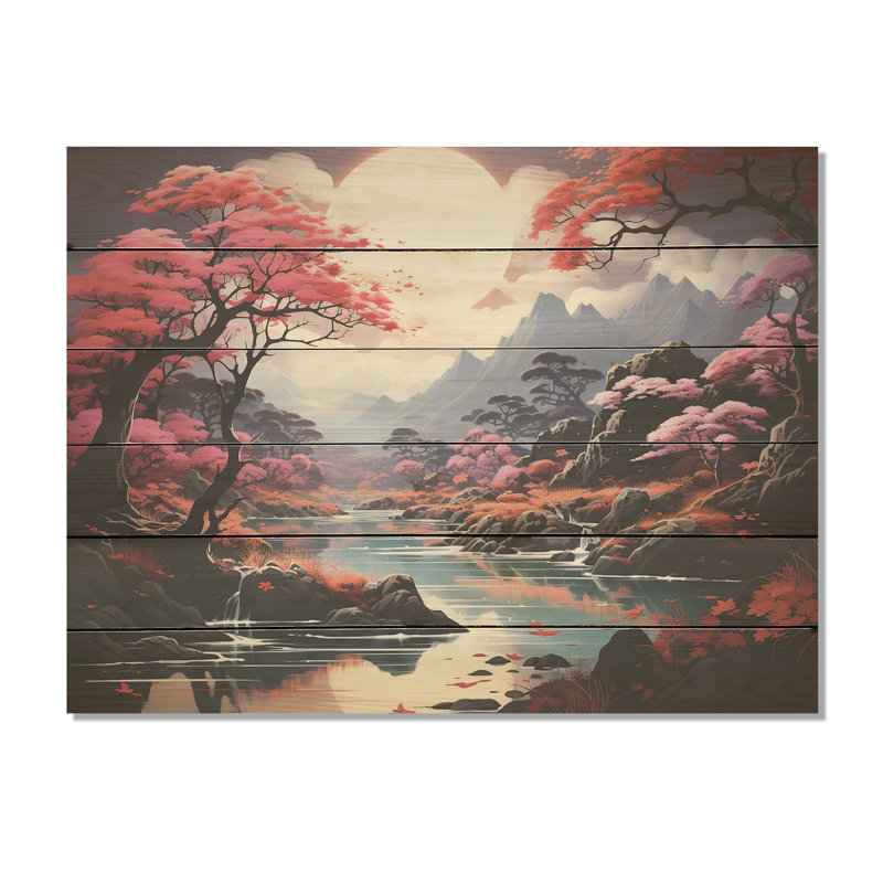 Magique Kawaii rivière Moonlite - rivière Lake, art mural sur bois de pin naturel, H 24 po x l 32 po