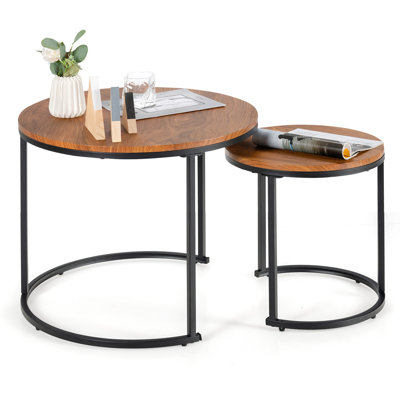 17 Stories 2pcs Stacking Metal Legs Modern Side Round Nesting Coffee Table W/ Wooden Tabletop For Living Room Rustic Brown -  DD7CD28C2D8D408895789CCDDF5C1A49