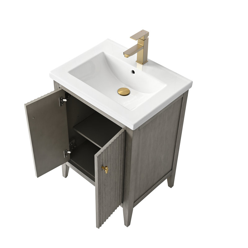 Ensemble de meuble-lavabo sur pied lavabo simple 24 po avec plateau en céramique blanche, Doré brossé, Gris flottant linéaire