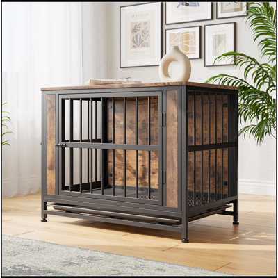 Mobilier de cage pour chien, table de caisse pour chien en bois, chenil pour chien 32,8 po avec 2 portes coulissantes et cadre de porte en fer épais