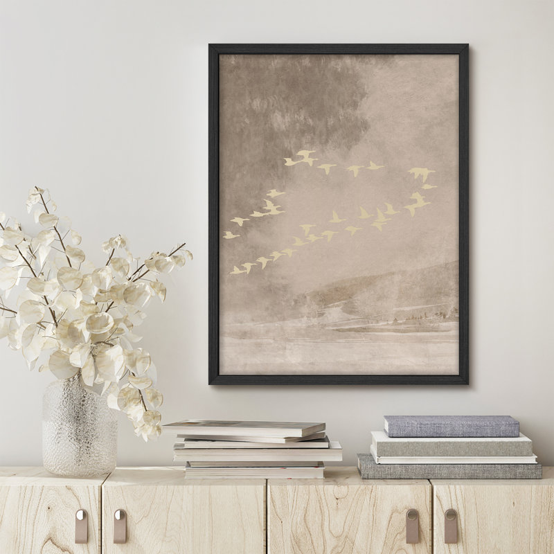 Art mural encadré oiseaux volants, reproduction de scène de nature neutre pour décor de chambre à coucher ou de bureau minimaliste