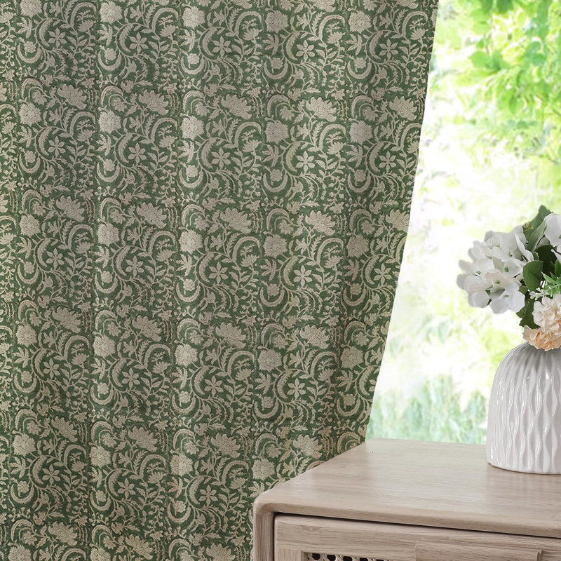 Dark Green Floral Curtain for Summer and Spring, Handmade Block Print, Soft Thick Linen Pleated Pinch Drape Elegant, Living Room or Window Treatments, Kundanvan