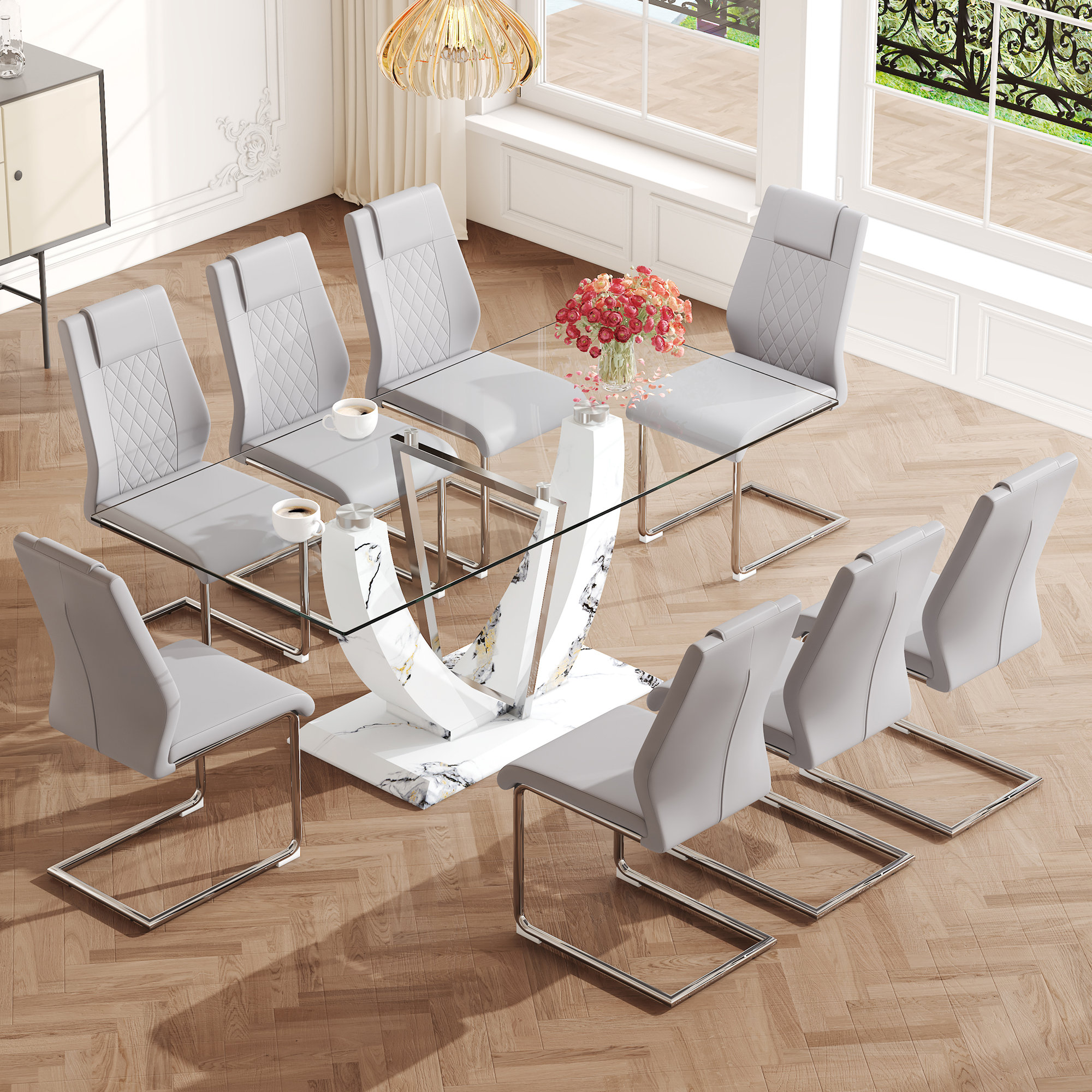 YOPENG Large Modern Rectangular Glass Table And Chair Set: 0.39 - Inch ...