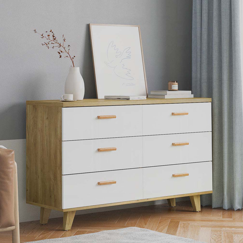6-Drawer Chest,Buffet Server Console, Brown/White