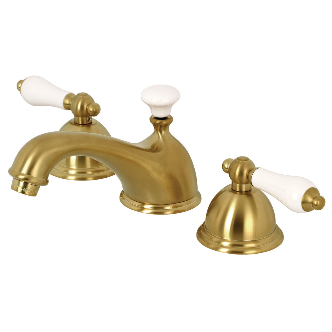 Kingston Brass Restoration Two-Handle 3-Hole Deck Mount Widespread Bathroom Faucet with Brass Pop-Up Drain Kingston Brass 