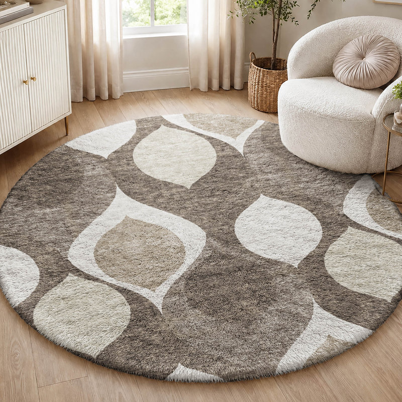 Tapis Dream Shag ADS749 de style moderne du milieu du siècle, lavable à la machine de qualité supérieure, Taupe, 8' Round