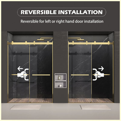 Dual Sliding Frameless Shower Door, 44-48 in W x 75 in H, 5/16" (8mm) Clear Tempered Glass, Silent Soft-Close Design, Easy to Clean, Brushed Gold Finish for Bathroom