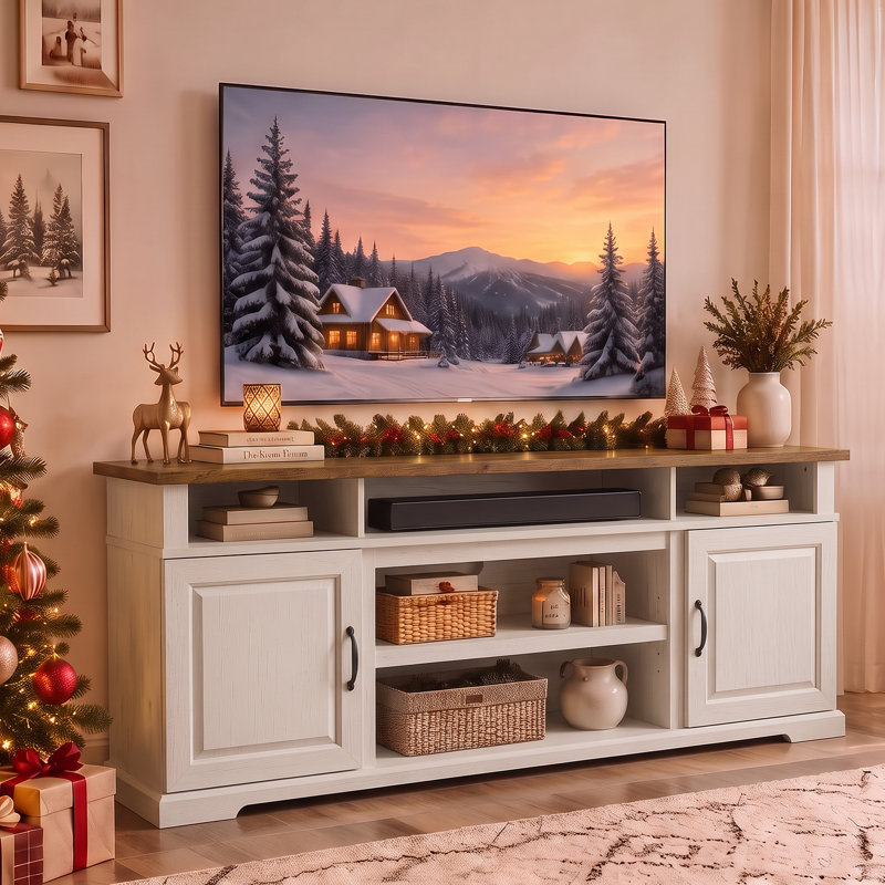 Meuble télé Farmhouse pour téléviseur de 85 po ou moins avec armoires de rangement, tablettes réglables et prises de courant intégrées, centre de divertissement pour le salon