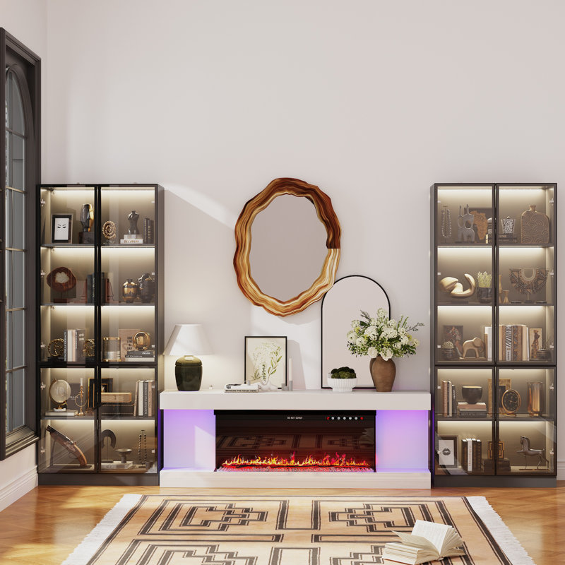 130”W TV Stand Entertainment Center With Fireplace, Black