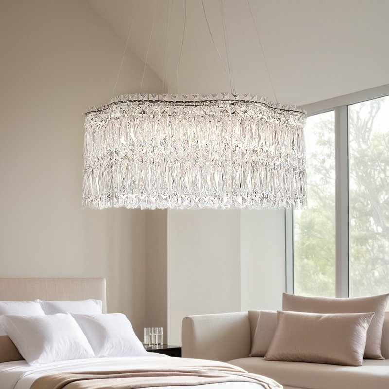 Lustre en cristal clair pour salon de luxe en fer chromé + DEL en cristal transparent tricolore