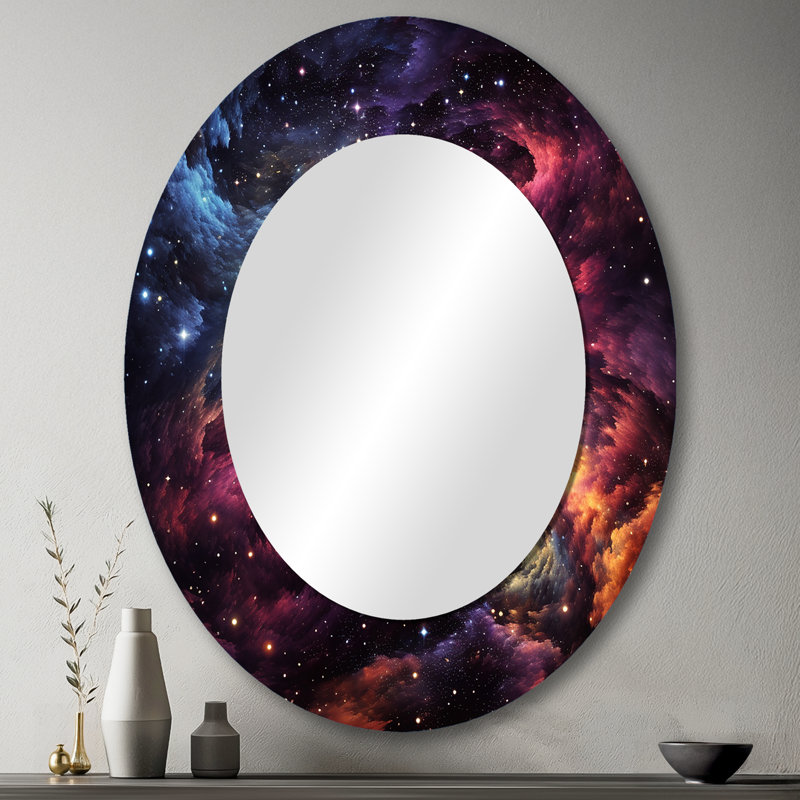Vortex rose et orange nébuleux Vortex IV - grand miroir mural ovale sur métal, 43 po x 33 po