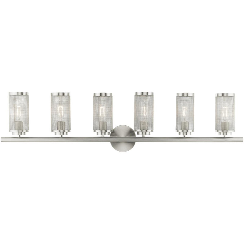 Élégant meuble-lavabo en nickel brossé 6 lumières 44,4 po avec abat-jour en acier inoxydable