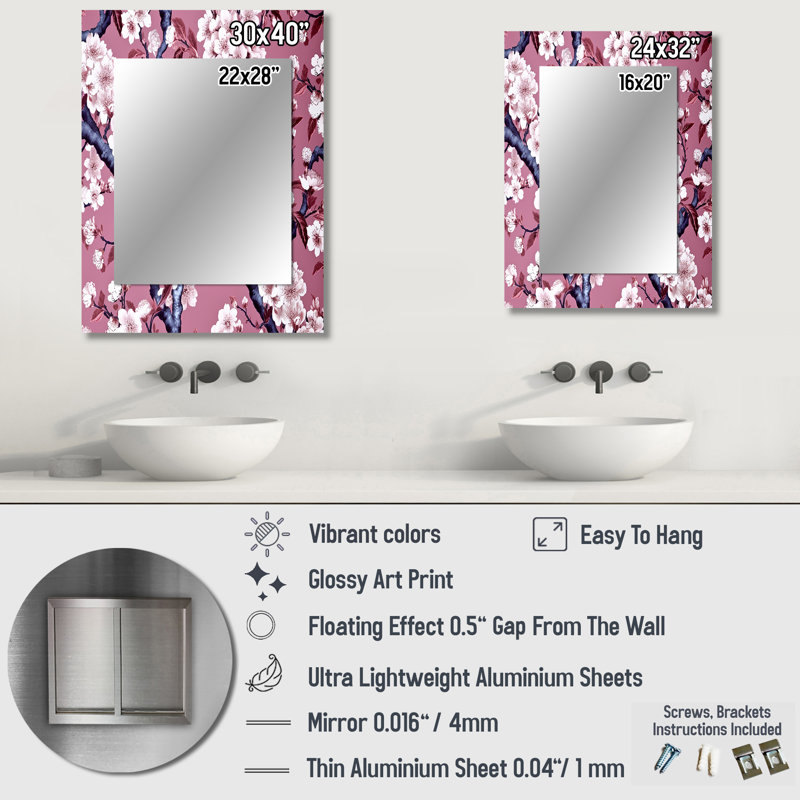 Cherry Blossum Flower Whispers I - miroir mural floral unique, miroir traditionnel, impression sur métal, 40 po x 30 po