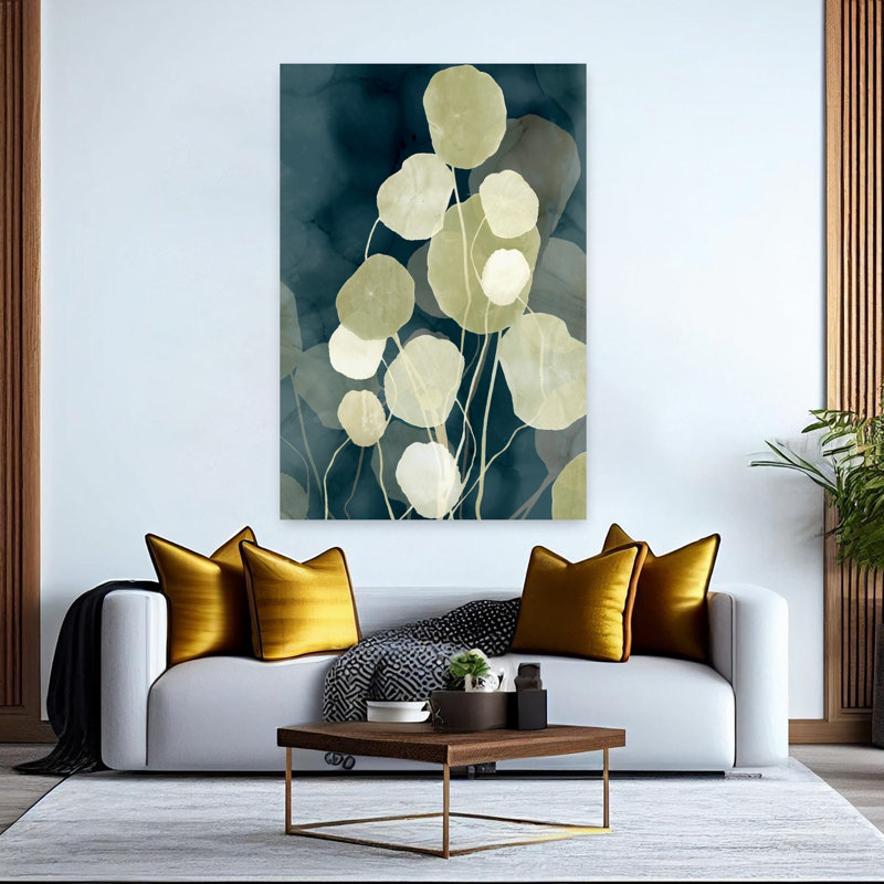 «Floating Leaves Against Deep Blue», art mural contemporain abstrait, H 60 po x l 40 po