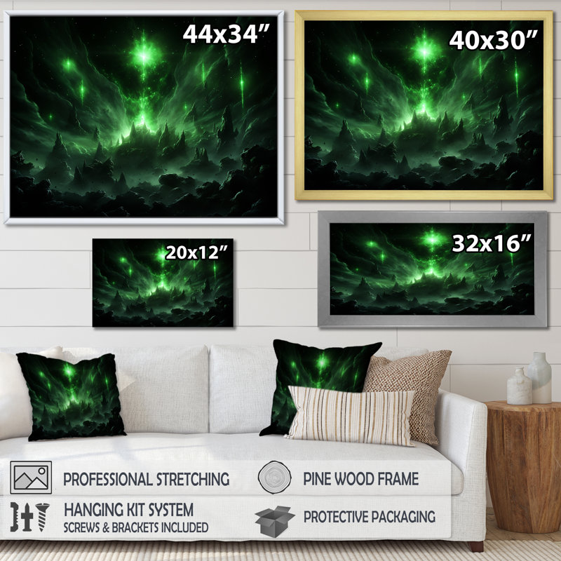 Vert et blanc Cosmos Explosion III - Espace planète, art mural, Cadre flottant doré, H 12 po x l 20 po x P 1 po