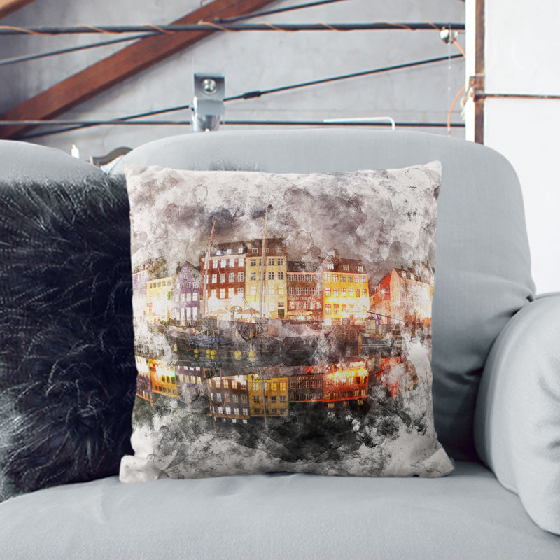 Nyhavn Canal in Denmark Watercolour Cushion with Filling, Stone, 55cm H x 55cm W x 20cm D