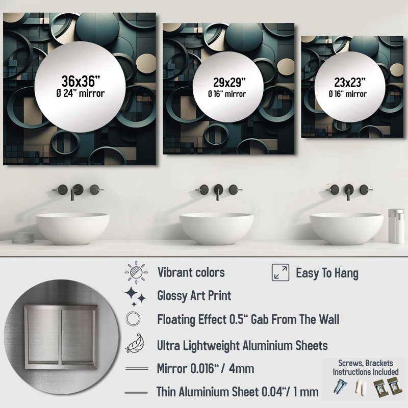 Ehva - Art mural miroir carré cubique à formes éclatées bleu sarcelle pour salle de bain, 36 po x 36 po