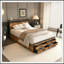 Structure de lit double avec 8 tiroirs de rangement, tête de lit à DEL et station de charge-122455250