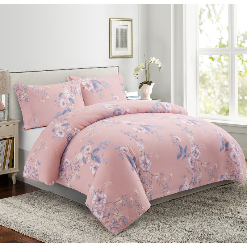 Ensemble de housse de couette avec housse de couette 4 pièces en rayonne de bambou Marina, Mauve / blanc / bleu / rose floral