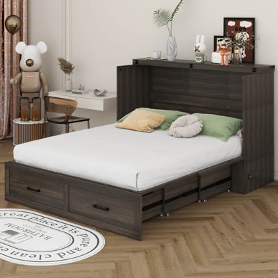 Murphy Bed With Charging Station, Farmhouse Murphy Cabinet With Large Storage Drawer, Foldable Platform Bed by Gracie Oaks