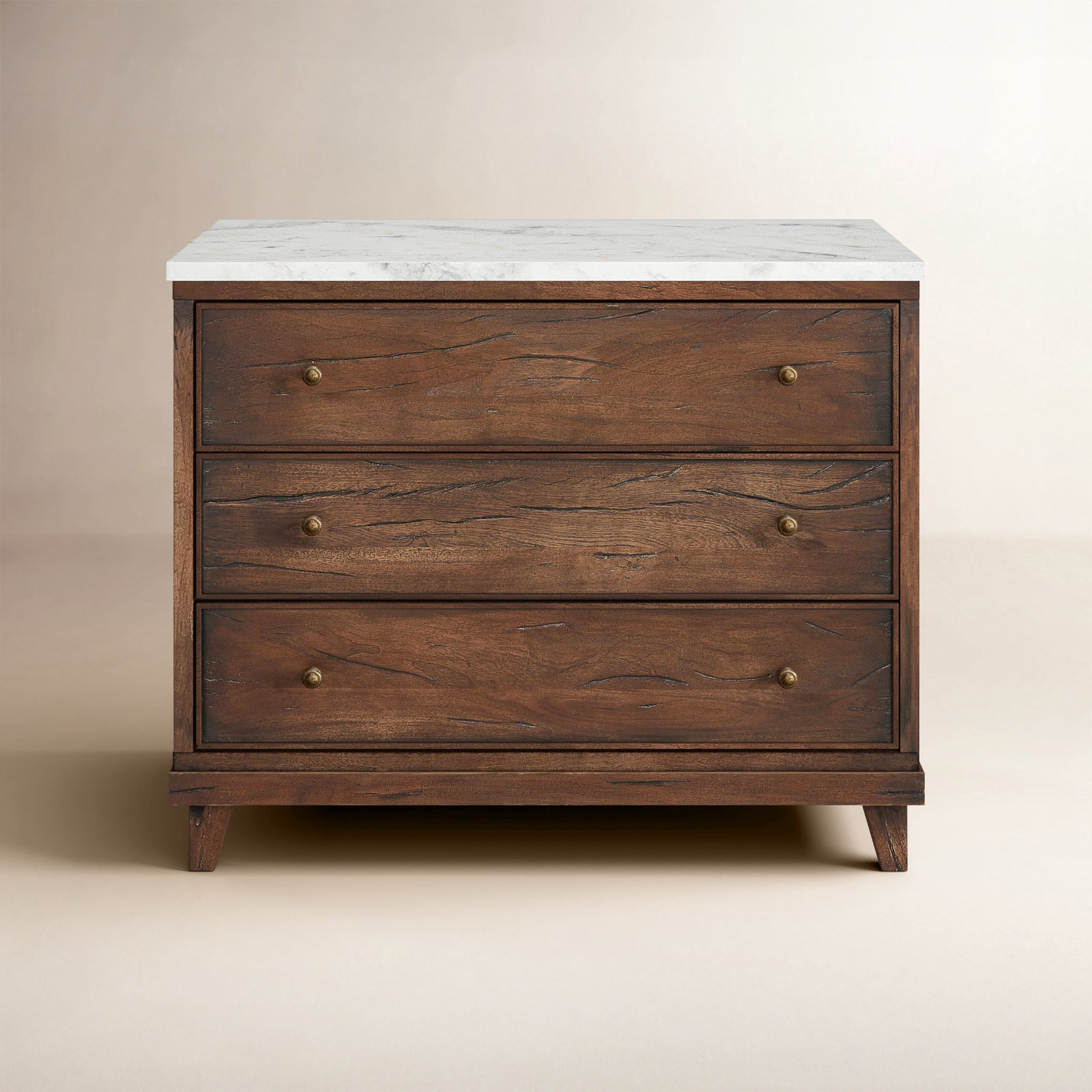 Elson 3 Drawer Marble Nightstand, Brown/White