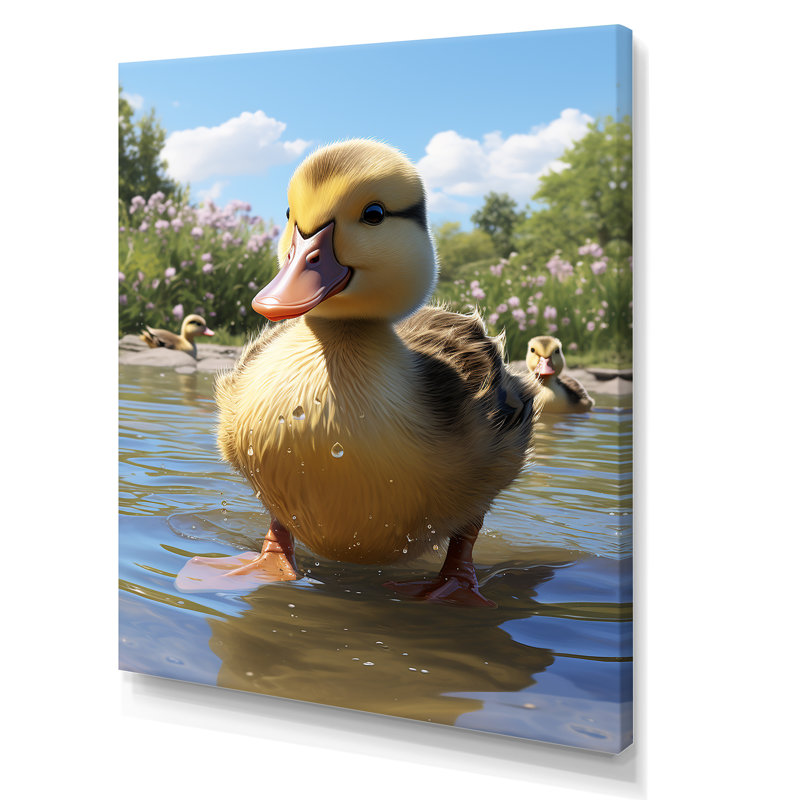 Photo de bébé canard jaune et vert au lac - Art mural animal de canard, Toile tendue, H 20 po x l 12 po x P 1 po