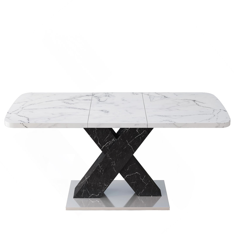1 Piece Rectangular Dining Table Without Chair, Black Marble , White Marble 