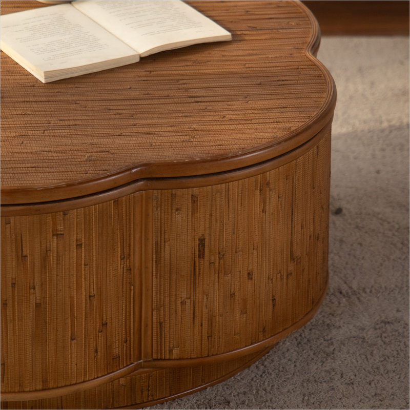 Table basse ronde avec rangement amovible, plateau en pétale de 31,5 po, rotin naturel chaud, pour les salons confortables et les espaces compacts