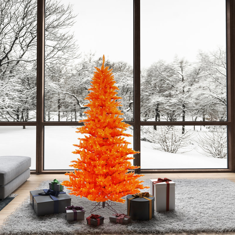 Orange Fir Lighted Artificial Fir Christmas Tree, 10' H