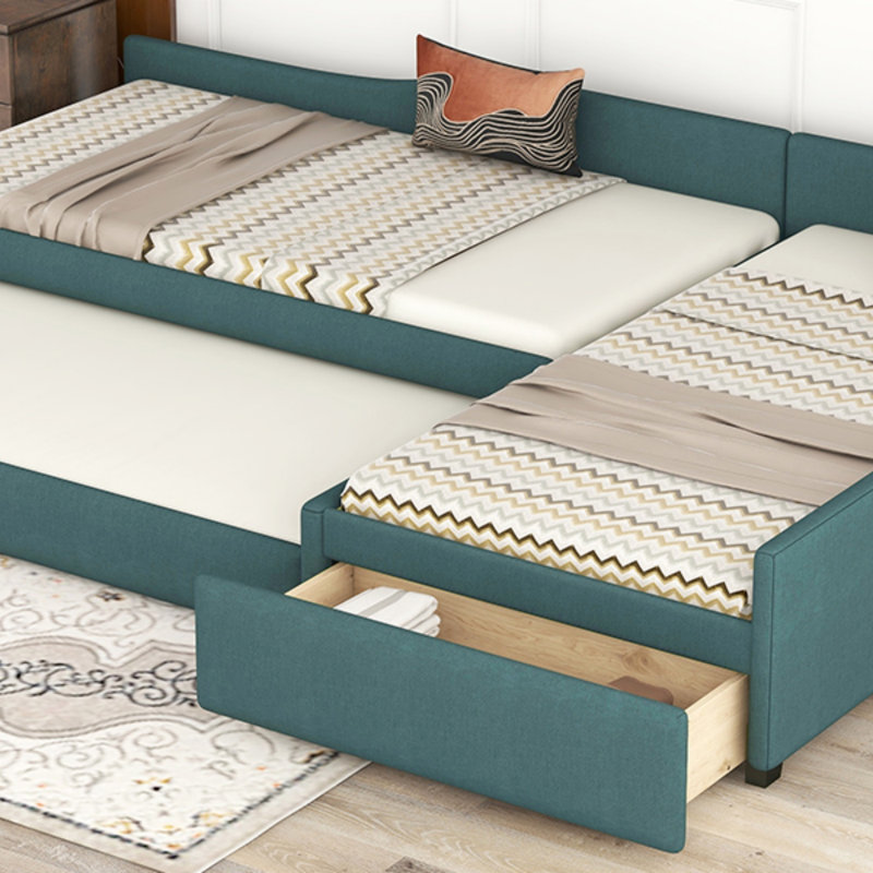 Evelyn Linen Upholstered Double Daybed with Trundle & Storage Drawer, Green