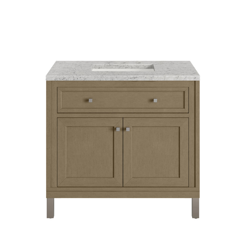Chicago 36' W Single Vanity, Walnut Whisper, Eternal Jasmine Pearl Quartz, 8" Widespread