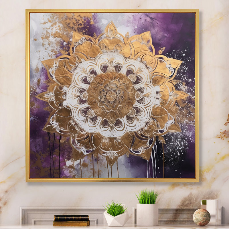 Mandala mauve et doré II sur toile, H 36 po x l 36 po x P 1,5 po, Cadre flottant doré