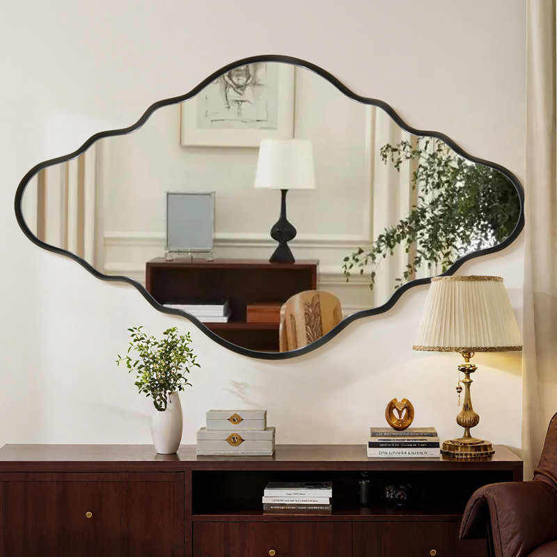 Miroir mural irrégulier à forme ondulée - Miroir de salle de bain, 42 po x 26 po, Noir